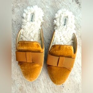 Birdies Mustard Velvet Slippers with Bow